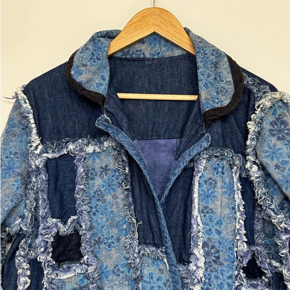 Patchwork Denim Jacket Indigo Floral Quilted Artw… - image 3